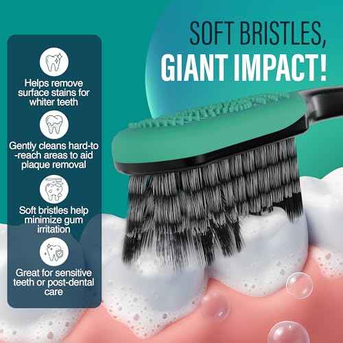 GuruNanda Gentle Giant Charcoal Toothbrush - Dual Action Flossing Spiral Bristles, Non-Slip Ergo Dexa Grip Handle, Helps in Teeth Whitening, BPA Free, 2ct