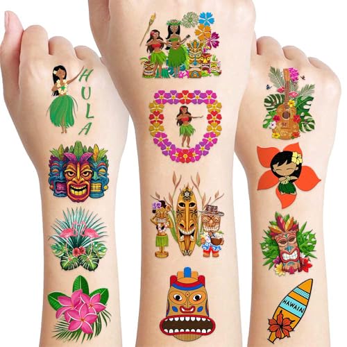 103 PCS Hula Hawaiian Temporary Tattoos Stickers Summer Beach Aloha Tiki Hawaii Luau Tropical Hula Dance Party Decorations Theme Birthday Supplies Favors Tattoo Gifts Kids Girls Boys School Rewards