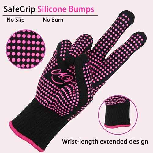 ANGENIL 2 PCS Heat Resistant Gloves with Silicone Bumps, Heat Gloves for Hot Hair Styling, Professional Heat Proof Glove Suitable for Flat Iron Hair Straightener, Curling Wand and Thermal Brush, Pink