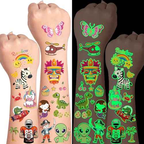 Temporary Tattoos for Kids, 36 Sheets, 350+ Mixed Luminous Styles, Glow In The Dark Tattoos Kids with Animal Alien Dinosaur Unicorn Balls Mermaid Car Space Butterfly Ocean Pirate Summer Rainbow etc