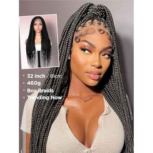 Full Lace Box Braid Wig with Baby Hair Pre Plucked Knotless Square Part Braided Wig for Black Women Full Double Lace Frontal Synthetic Handmade Braids Natural Hairstyle(1b, 32")