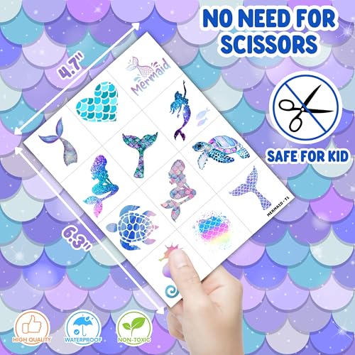 96PCS Mermaid Pre-Cut Temporary Tattoos for Kids - Cute Under the Sea Party Favors, Perfect for Ocean Mermaid-Themed Birthdays, School Rewards, and Baby Showers (Normal)