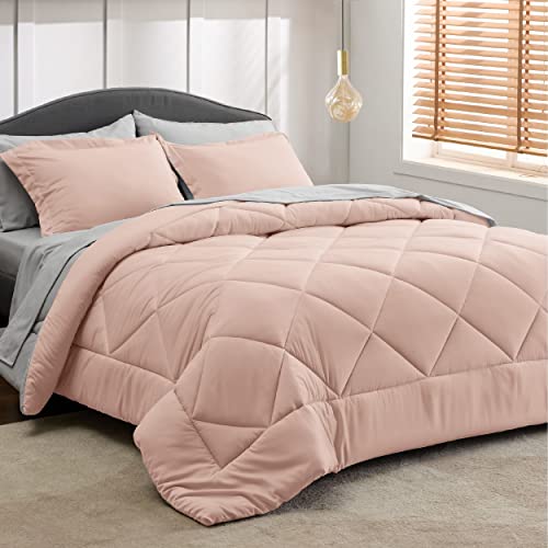 Bedsure Blush Pink Twin Comforter Set - 5 Pieces Reversible Twin Bed in a Bag, Extra Long Twin Bed Set with Comforters, Sheets, Pillowcase & Sham, Twin Bedding Sets for College