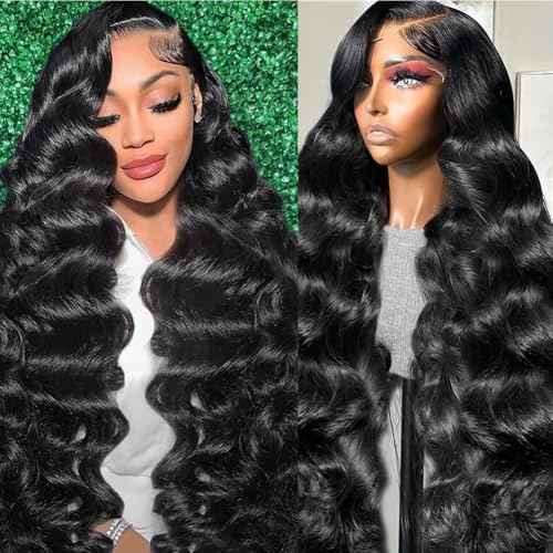 30 Inch Body Wave Lace Front Wigs Human Hair 200 Density 13x6 HD Lace Frontal Wigs Pre Plucked Glueless Brazilian Virgin Human Wig with Baby Hair Body Wave wigs for Women Natural Black