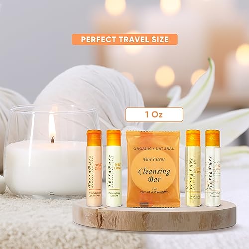 Terra Pure Wild Citrus Toiletries Set | 1-Shoppe Amenities Kit | 1oz Shampoo, Conditioner, Body Wash, Lotion, 1oz Bar Soap | 75 Pieces
