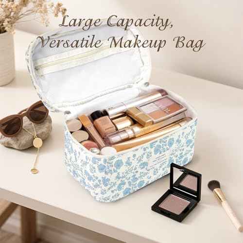 3Pcs Cotton Quilted Makeup Bag for Women Girls, Large Floral Cosmetic Bag Set Cute Makeup Brushes Aesthetic Accessories Storage Bag Travel Toiletry Bag Organizer, Little Flower Blue