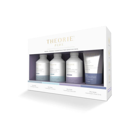 THEORIE PURE Collection Travel Set- Hypoallergenic-Shampoo, Conditioner, Body Wash & Face and Body Scrub- Fragrance-Free. No Sulfate, Paraben, Phthalate,or synthetic Dyes- Clean Beauty for Hair & Body