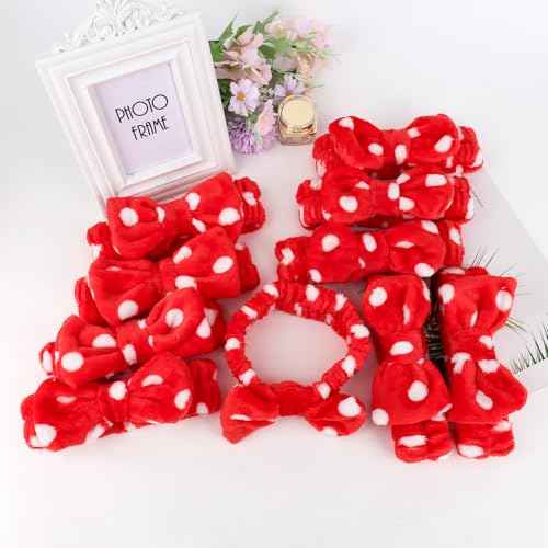 Casoty 10 Pcs Red Dot Makeup Headbands, Spa Gifts for Women Girls, Soft Coral Fleece Skincare Headband, Bow Hair Bands, Beauty Headbands for Face Washing Shower Skin Care Yoga
