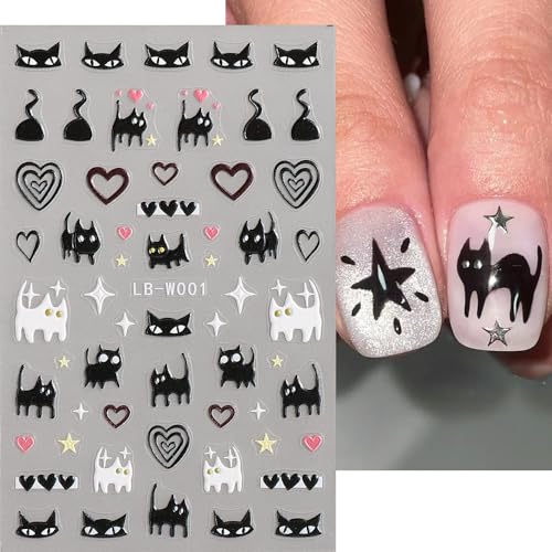 Cute Nail Art Stickers Cute Cat Self-Adhesive DIY Nail Decals Black White Cat Nail Stickers for Nail Art Kawaii Cat Nail Art Decals Heart Nail Art Design Decoration for Women Nail Decorations 2PCS