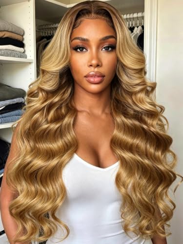KLAIYI Ombre Honey Blonde Loose Wave 7x5 Lace Front Human Hair Wig 18"