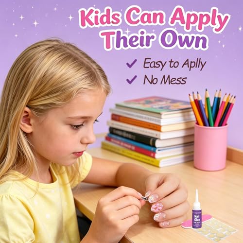 24pcs Kids Press On Nails - Trendy Ballet Bow & Flower Designs