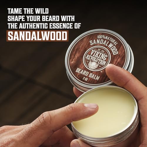 Viking Revolution Sandalwood Beard Balm for Men (2oz) and Sandalwood Beard Oil (1 fl oz) Bundle - With Argan and Jojoba Oils - Soften and Moisturize - Stocking Stuffers for Men