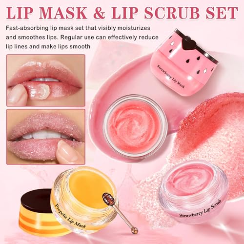 4-Piece Lip Scrub and Mask Set - Strawberry & Honey
