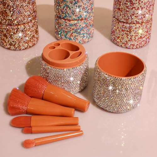 Bling Sparkling rhinestone Five-Piece Makeup Brush Set-Complete Beauty Tool Kit for Flawless Makeup Application (Silver)