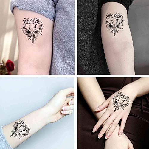 6 Sheets Temporary Fake Tattoos For Men Adults Draw in Black White of Elephant Flower Temporary Fake Tattoo For Women Neck Arm Chest For Woman