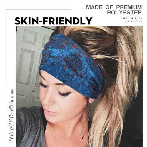 Olbye Wide Boho Headbands Floral Stretch Head Wraps Bohemian African Turban Hairbands Knotted Bandana Headband Yoga Running Head Scarfs Workout Hair Accessories for Women 4Pcs (Boho, 9.4 * 5.9'')