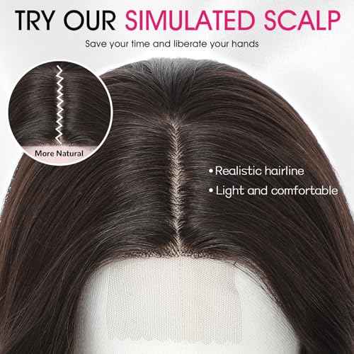 18 Inch Dark Brown Wig for Women, Middle Part Medium Length Wavy Synthetic Hair Wig, Upgraded Strands Natural Hairline Design for Daily Party Halloween(Dark Brown,18 Inch)