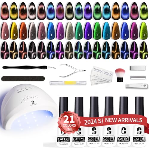 Clara Colors Gel Nail Polish Kit With UV Light - 21 Colors Holographic Chameleon 9D Cat Eye Polish With Magnet, Base Top Coat, Tools - All-In-One Nail Art Manicure Starter for Salon DIY Home