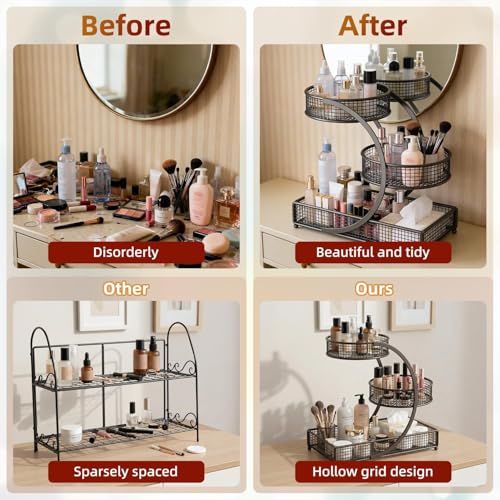 Makeup Organizer Countertop for Vanity, 3 Tier Bathroom Bedroom Counter Skincare Organizer Cosmetic Display Shelf Vanity Accessories for Women Multi-Purpose Metal Storage Rack for Home, Office
