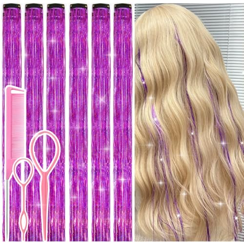 Purple Hair Tinsel Clip In Extensions 24 Inch 12 Pcs