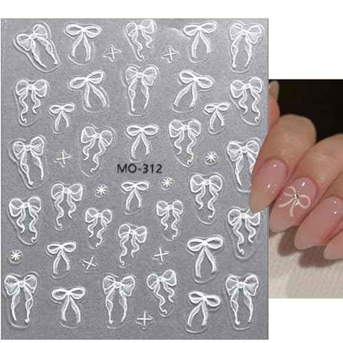 3sheets 5D Embossed Bow Nail Stickers for Nail Art Self-Adhesive Bow Nail Decals White Pink Bow Nail Art Stickers Design Cute Bow Nail Art Supplies for Women Girls