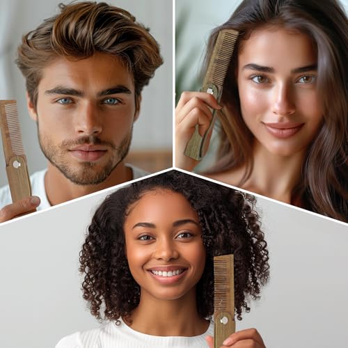 Folding Green Sandalwood Beard Comb for Men, Natural Wood Comb for Grooming Beards, Mustaches, and Hair, Compact and Travel-Friendly