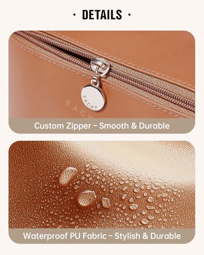 EACHY Medium Travel Makeup Bag for Women - Brown PU Leather Cosmetic Organizer