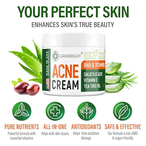 Acne Face Cream - Acne Spot Treatment for Face & Acne Dots - Tea Tree Oil & Salicylic Acid - Natural Cystic Acne Treatment - Made in USA - For All Skin Types - Acne Scar Cream & Pimple Remover 4 fl.oz
