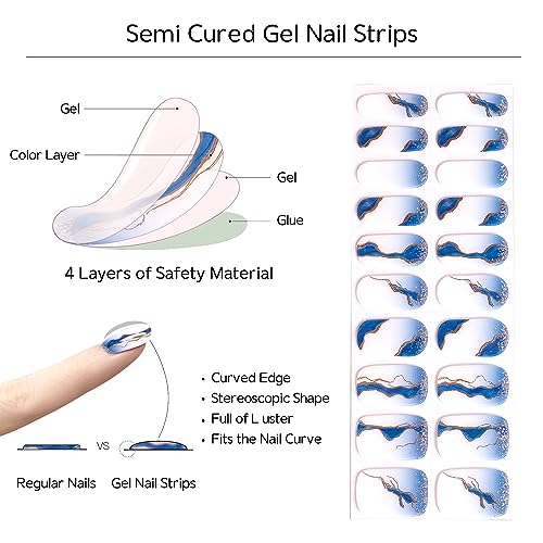 Ekkyo In Semi Cured Gel Nail Strips, Easy to Apply & Remove Gel Nail Wraps, Long Lasting, Get Salon-Quality Nail Art at Home, Includes 20 Pcs Nail Stickers, Prep Pads, Nail File, Wooden Stick, Blue Gold Ribbon