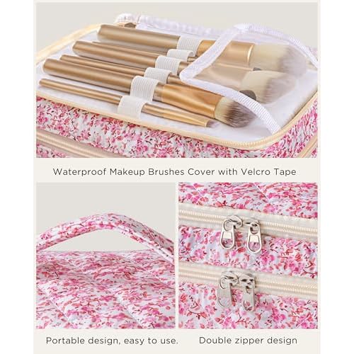 HBselect 2Pcs Travel Makeup Bag, Large Cotton Quilted Makeup Bag Cosmetic Bag Cute Make up Bag Toiletry Bags for Women Girls