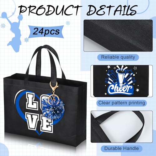 Landical 72 Pcs Blue Cheerleading Gifts 24 Cheer Bags Portable 24 Pom Pom Keychain 24 Cheerleading Bracelet Canvas Makeup Bag Bulk Cheer Gifts Female Teammates Toiletries Accessories