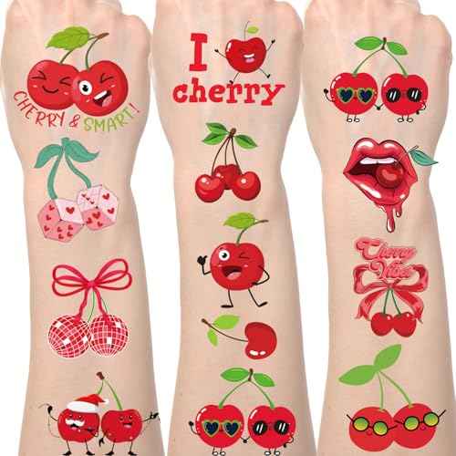 Cherry Temporary Tattoos Stickers - 200+ Cherry Birthday Decorations Cute Red Cherries Fake Tattoo Gifts for Kids Girls Funny Fruit Themed Party Favors Supplies Women Men Prizes Rewards