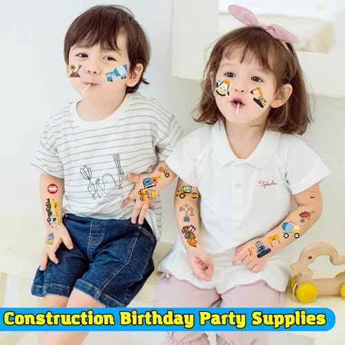 10 Sheets Construction Trucks Temporary Tattoo for Kids, 120 Pcs Vehicles Fake Tattoos for Boys Party Favors, Cars Birthday Supplies Decorations