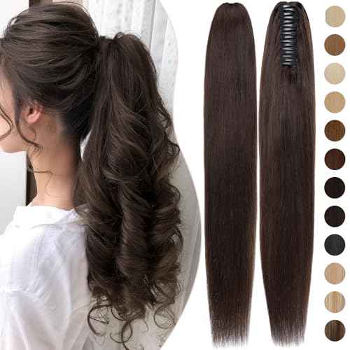 Rich Choices Claw Clip Ponytail Extension Human Hair #2 Dark Brown Real Hair Ponytail Extension Balayage 14 Inch Clip In Long Ponytail Hair Extensions Straight For Women 105g One Piece