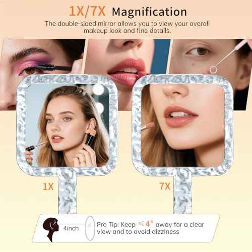 Famihomii Handheld Mirror with 1X/7X Magnification, Dual-Sided Magnification Hand Mirror, Hand Mirror with Handle, 10" x 6.1", Lightweight & Durable, Portable & Hangable for Makeup, Shaving - Clear