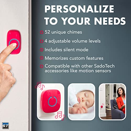 SadoTech Wireless Doorbells for Home, Apartments, Businesses, Classrooms, etc. - 1 Door Bell Ringer & 1 Plug-In Chime Receiver, Battery Operated, Easy-to-Use, Wireless Doorbell w/LED Flash, Pink Red