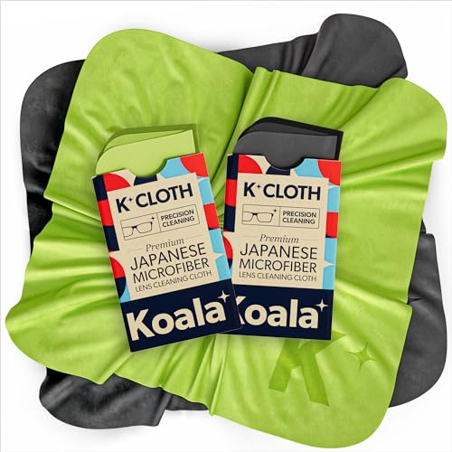 Koala Lens Cleaning Cloth | Japanese Microfiber | Glasses Cleaning Cloths | Eyeglass Lens Cleaner | Eyeglasses, Camera Lens, VR/AR Headset, and Screen Cleaning | Black & Green (Pack of 2)