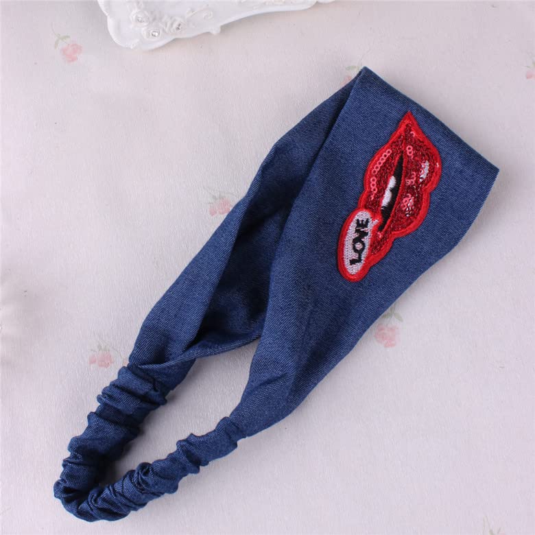 Blue Denim Turban Headband Women Blue Jeans Hair Band Girls Blue Jean Denim Headwear BW44 (Red Lip-Dark Blue)