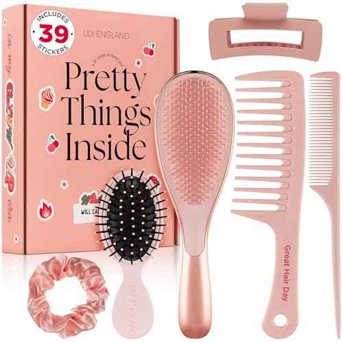 6 Pcs Hair Brush Set with Brush & Combs - Detangling Brush for All Types with Wide Tooth & Tail Comb, Scrunchie & Claw Clip - Hair Care Gift Set with Stickers for Teen Girls, Women & Kids