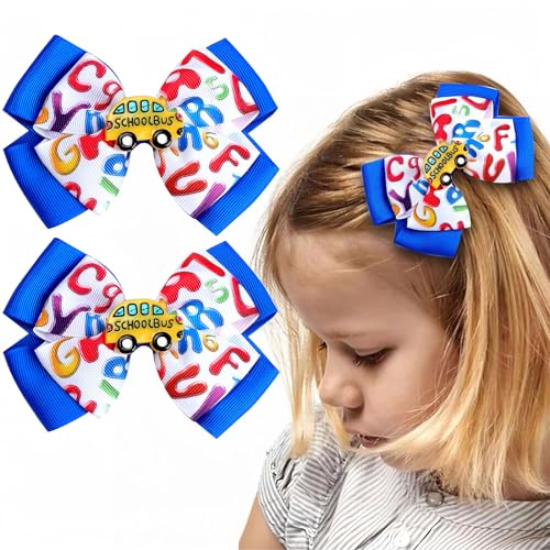 HIFANMM 2Pcs Back to School Hair Clips Blue Bow Hair Accessories for Girls Cute Cartoon School Bus Hairpins Funny Letter Alligator Hair Barrettes for School Opens Season Students Toddlers Kids Decor