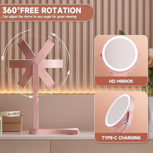 Hasipu Portable Travel Makeup Mirror with Lights ? 360¡Æ Rotating with 1X/10X Magnifying, Rechargeable Tabletop Handhold Hanging 3 in 1 Mirror (Pink)