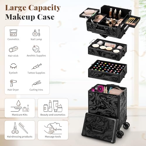 5-in-1 Rolling Makeup Train Case with Wheels | Professional Cosmetic Trolley