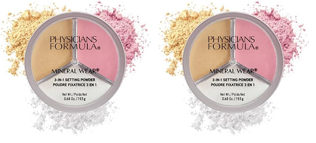 Physicians Formula Mineral Powder Wear 3-in-1 Setting Powder Face Makeup, Reduce Shine, Brighten, And Bake (Pack of 2)