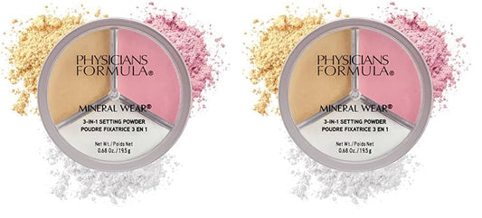 Physicians Formula Mineral Powder Wear 3-in-1 Setting Powder Face Makeup, Reduce Shine, Brighten, And Bake (Pack of 2)