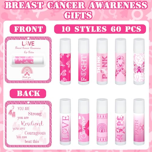 60 Pack Breast Cancer Awareness Lip Balms Bulk Small Pink Ribbon Thank You Lip Balms Gifts Set Breast Cancer Awareness Bulk Items Moisturizing Care Survivors Gifts for Women Men Survivors