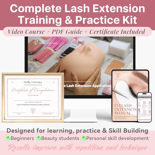 Pretty memory Eyelash Extension Kit with Training Course, PDF Guide & Certificate ? Complete 446 Pcs Lash Practice Set with Mannequin Head, Glue, Tweezers, Fan, Primer & Bonder for Beginners