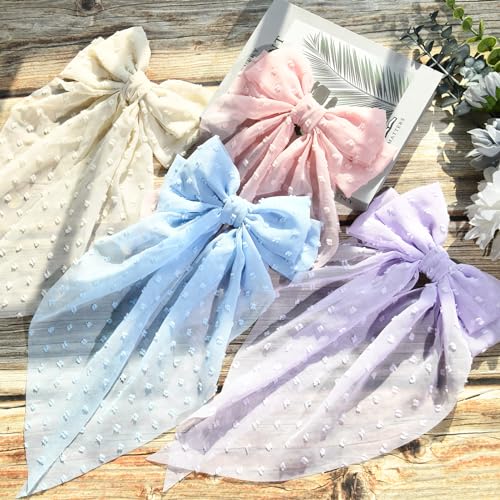 Large Hair Bows for Women,CEELGON 4 PCS Big Bow Clips for Girls French Barrette Bowknot with Long Tail for Women(Beige, Light Pink,Light Purple,Blue)