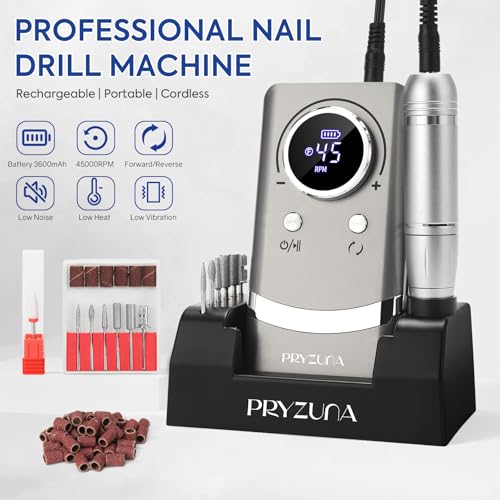 PRYZUNA Gray Portable Electric Nail Drill 45000RPM Cordless Professional Efile