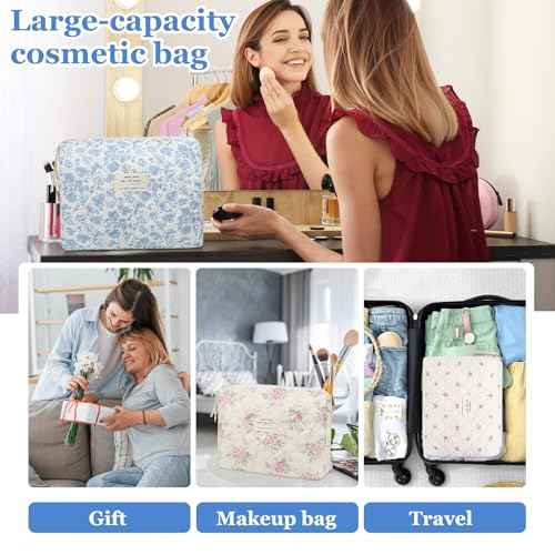 2PC Makeup Bag Set, Cute Cosmetic Bag for Women Girls, Floral Coquette Aesthetic Toiletry Bag, Travel Make Up Organizer Bag (Blue Floral)