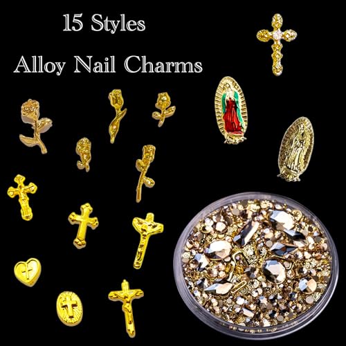 Gehaiwo 112PCS Gold Nail Charms and 1Box Nail Art Rhinestone,Gold Alloy Virgin Mary Cross Rose Nail Decoration for Acrylic Nails, Nail Jewels Accessories for Nail Art Supplies DIY Nail Craft